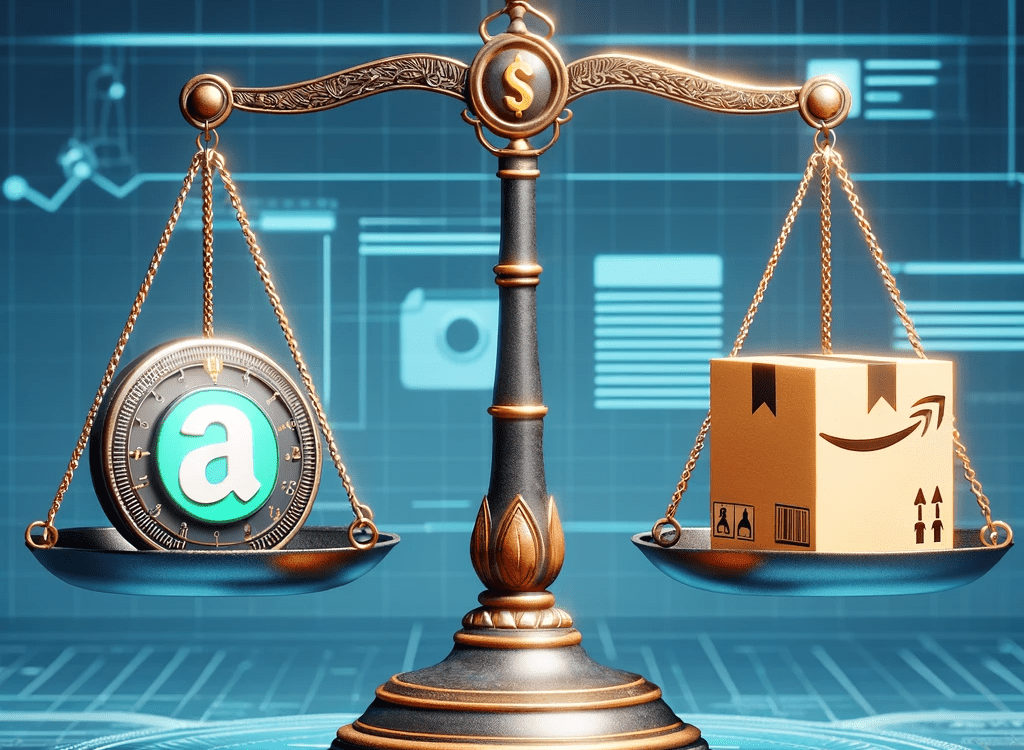 Balanced comparison of Affiliate Marketing and Amazon FBA, depicted by a scale with symbolic icons, highlighting the tech-driven nature of both business models.