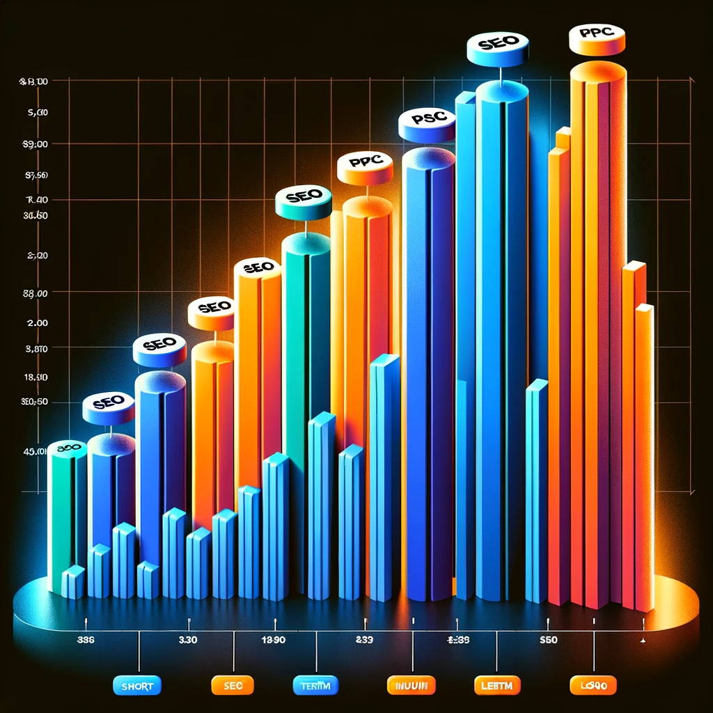 This bar chart displays the cost-effectiveness of SEO vs. PPC over time, with a timeline format showing costs in the short-term, medium-term, and long-term. The chart uses different colors for SEO and PPC to illustrate how SEO tends to be more cost-effective in the long run, while PPC has immediate but temporary cost implications.