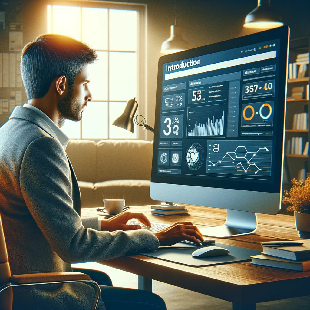 Digital marketer analyzing SEO metrics after readinmg or Semrush review 2024, on a computer in a modern office setting, showcasing comprehensive digital marketing tools.