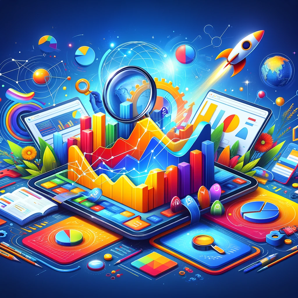 Dynamic digital marketing landscape featuring Semrush's impact on SEO and online visibility, with search bar, graphs, and digital devices.