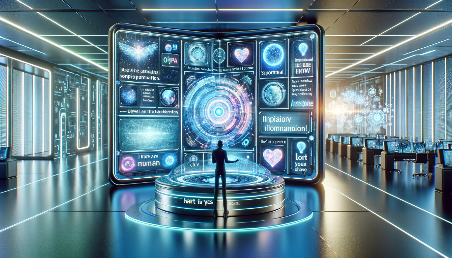 Futuristic AI laboratory with user interacting with an advanced AI Quotes Generator, displaying inspirational quotes on a holographic interface, illuminated by soft blue and green lights.