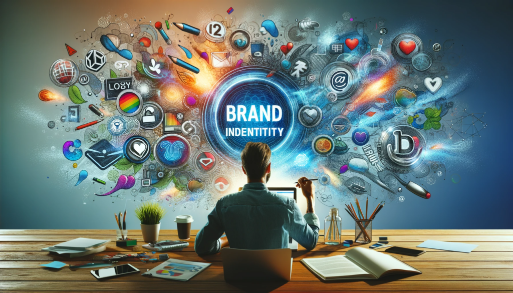 Creative depiction of a content writer infusing brand elements into a digital document, surrounded by brand identity symbols like colors and logos.