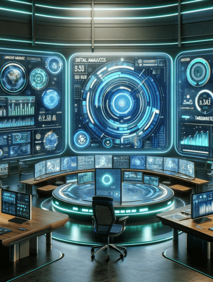 image that captures the concept of a futuristic digital marketing command center, symbolizing the advanced approach to microtargeting in modern marketing. This visual represents the sophisticated technology and data-driven strategies used in today's marketing landscape.