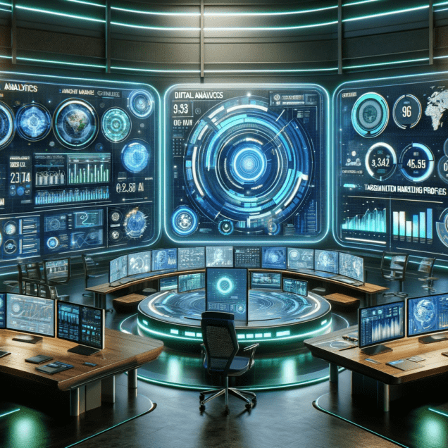 image that captures the concept of a futuristic digital marketing command center, symbolizing the advanced approach to microtargeting in modern marketing. This visual represents the sophisticated technology and data-driven strategies used in today's marketing landscape.