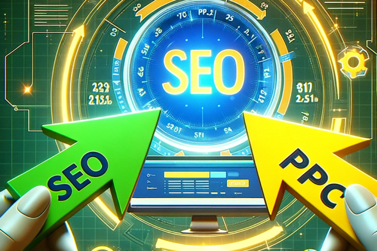 Graphic illustration of two arrows, one green labeled 'SEO' and the other yellow labeled 'PPC', converging towards a digital marketing search engine screen displaying metrics, symbolizing the intersection of SEO and PPC strategies in digital marketing.