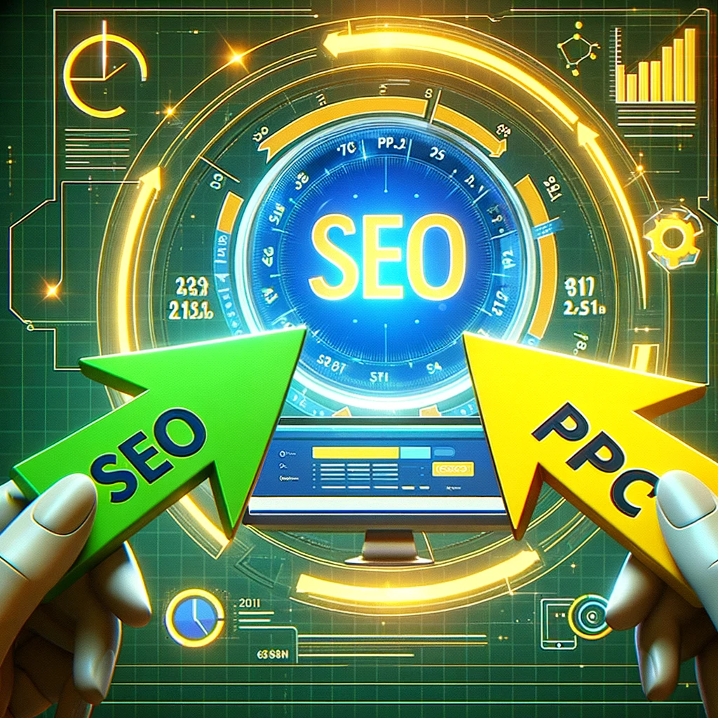 Graphic illustration of two arrows, one green labeled 'SEO' and the other yellow labeled 'PPC', converging towards a digital marketing search engine screen displaying metrics, symbolizing the intersection of SEO and PPC strategies in digital marketing.