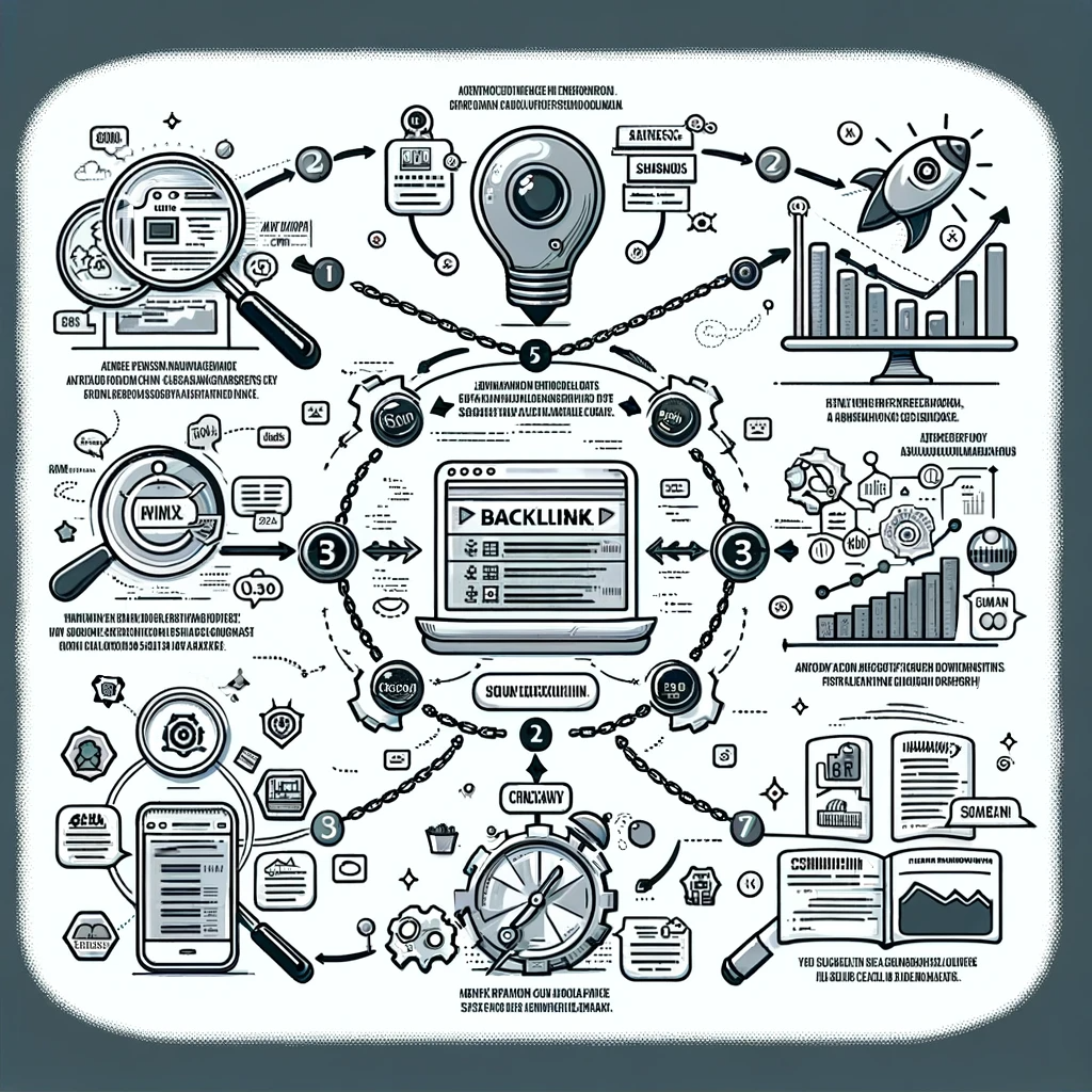 Semrush backlink analytics process diagram, illustrating steps from backlink identification to link building strategy enhancement for SEO