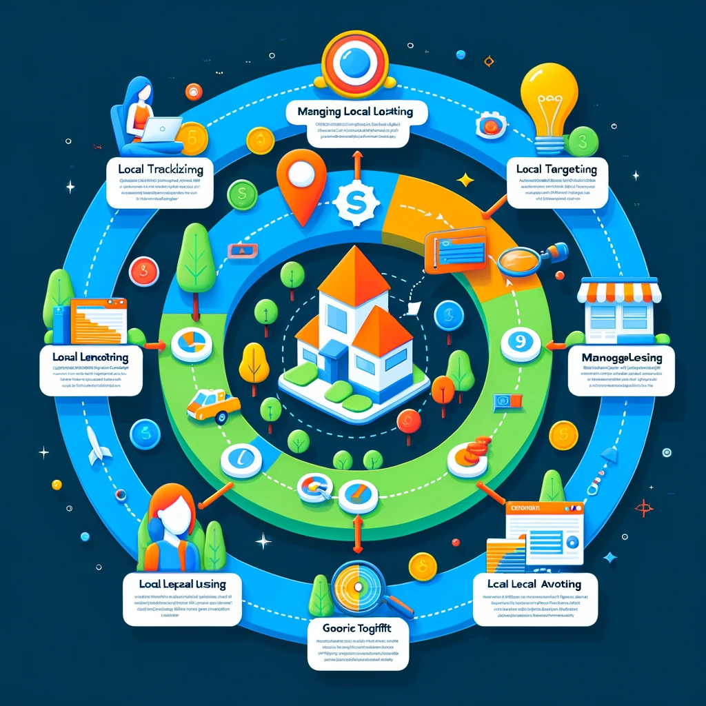 Process diagram of using Semrush for local SEO, from local keyword tracking to local SEO audits, enhancing geographic targeting and visibility.