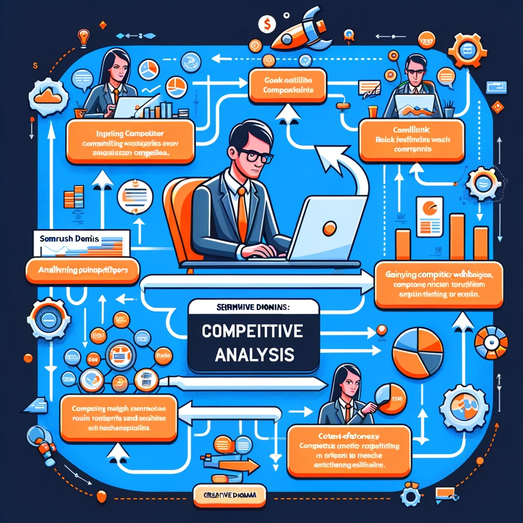 Diagram showcasing Semrush's competitive analysis process, from domain input to applying insights for enhanced digital marketing strategies.