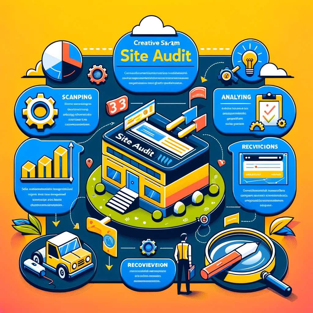 Process diagram of Semrush's site audit feature, illustrating steps from scanning for issues to recommending SEO improvements