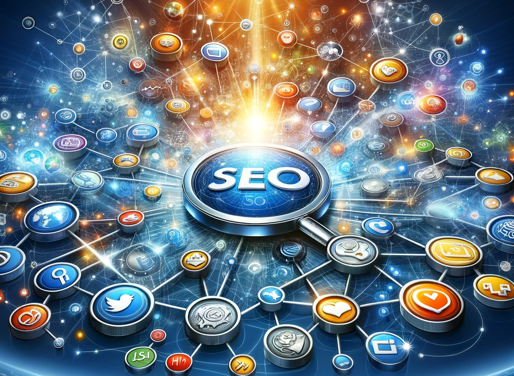 Digital network depicting the synergy between SEO and social media marketing, with interconnected elements and information flow