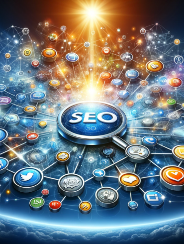 Digital network depicting the synergy between SEO and social media marketing, with interconnected elements and information flow