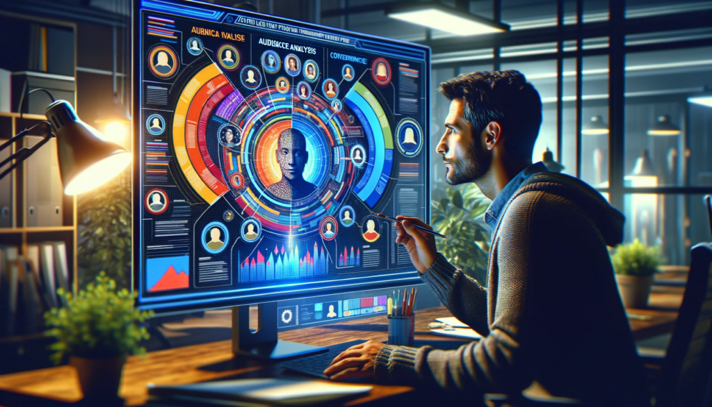 Digital illustration of a marketer analyzing a colorful persona chart on a digital interface, representing audience profiling for content creation.