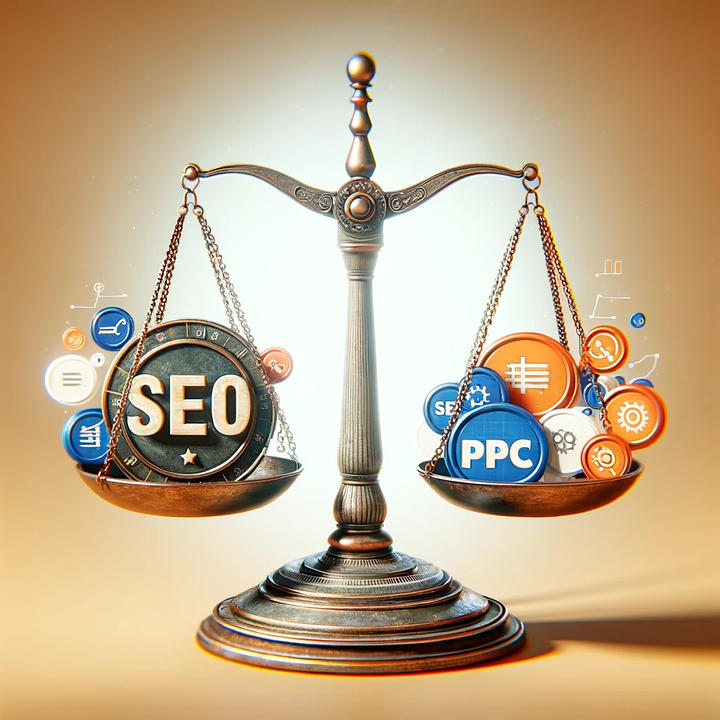 Balance scale creatively illustrating the integration of SEO and PPC in digital marketing, with SEO elements on one side and PPC elements on the other, symbolizing a balanced and effective search engine marketing strategy