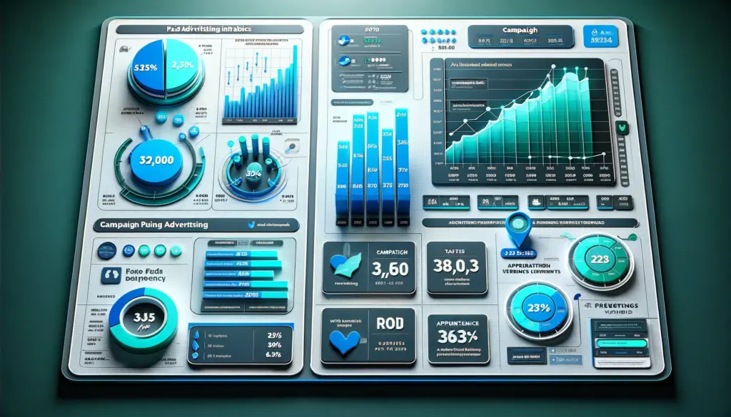 Analytical dashboard of a dental clinic's paid advertising campaign, showing success metrics like patient inquiries, website traffic, and bookings through charts and graphs.