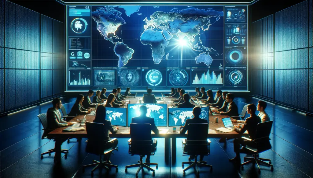 A global team of digital marketers in a virtual strategy session, using a world map dashboard to analyze search trends, showcasing collaborative tools and holographic projections in a futuristic command center.