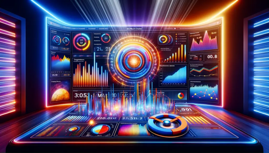 A dynamic SEO rank checker tools dashboard displaying keyword rankings, competitor analysis, and organic traffic metrics, illuminated by professional lighting to highlight data analytics in SEO strategy.