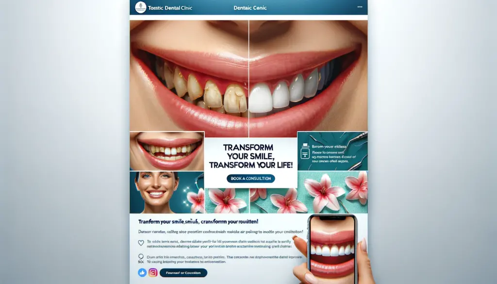 Before and after photo on a social media post showing the transformation of a smile after cosmetic dental treatment, with a call-to-action to book a consultation.