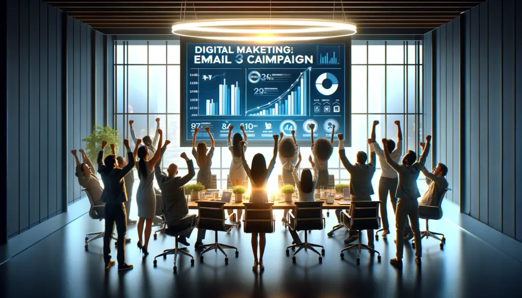 Digital marketing team celebrates the success of their email campaign, with positive metrics displayed on a large monitor in a modern conference room.