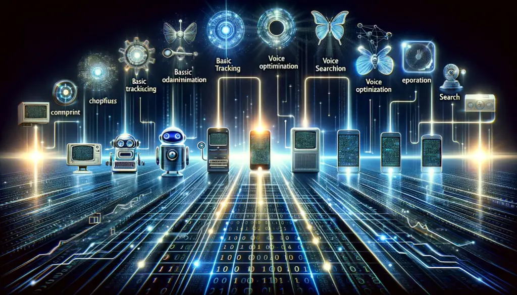 A detailed visual timeline depicting the evolution of SEO tools, from early computers and basic keyword tracking to modern advancements like AI, voice search, and mobile optimization, set against a digital-themed background.