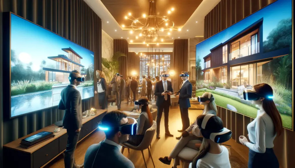 Visitors at an open house event experiencing property tours through AI-powered VR headsets in a stylishly decorated room.