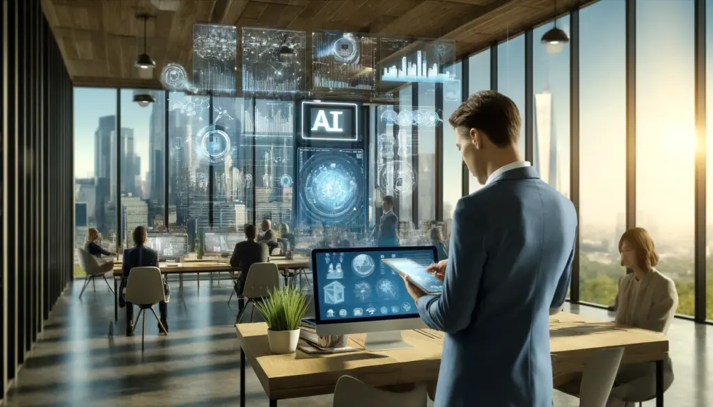 Real estate agent using AI-powered tool on a tablet to analyze potential leads in a modern office with cityscape views.