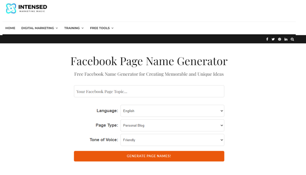 AI facebook page name generator by intensed.com website