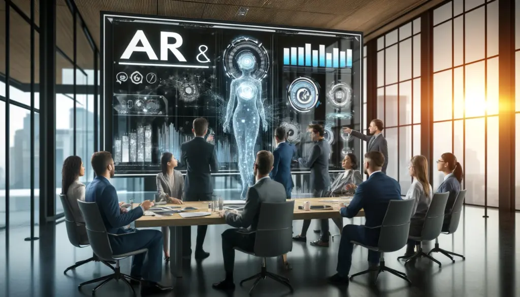 Marketing executives in a modern office setting explore AR and VR technologies, interacting with AR holograms and wearing VR headsets beside a digital screen displaying statistics.