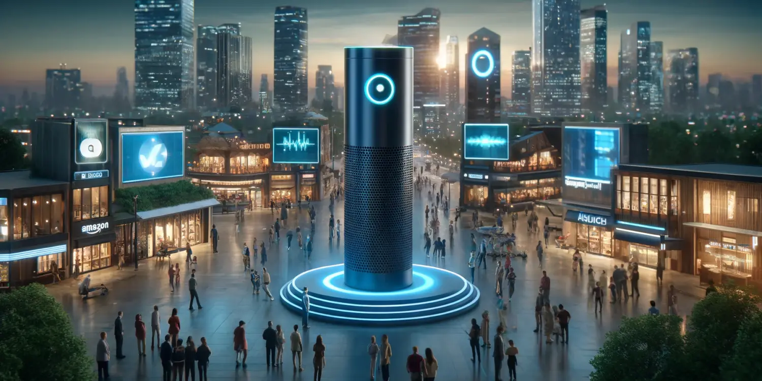 Amazon Echo devices in a public square where Alexa Marketing is used, where diverse people interact with voice-command installations, under vibrant LED screens and ambient lighting.