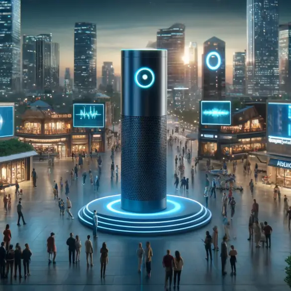 Amazon Echo devices in a public square where Alexa Marketing is used, where diverse people interact with voice-command installations, under vibrant LED screens and ambient lighting.