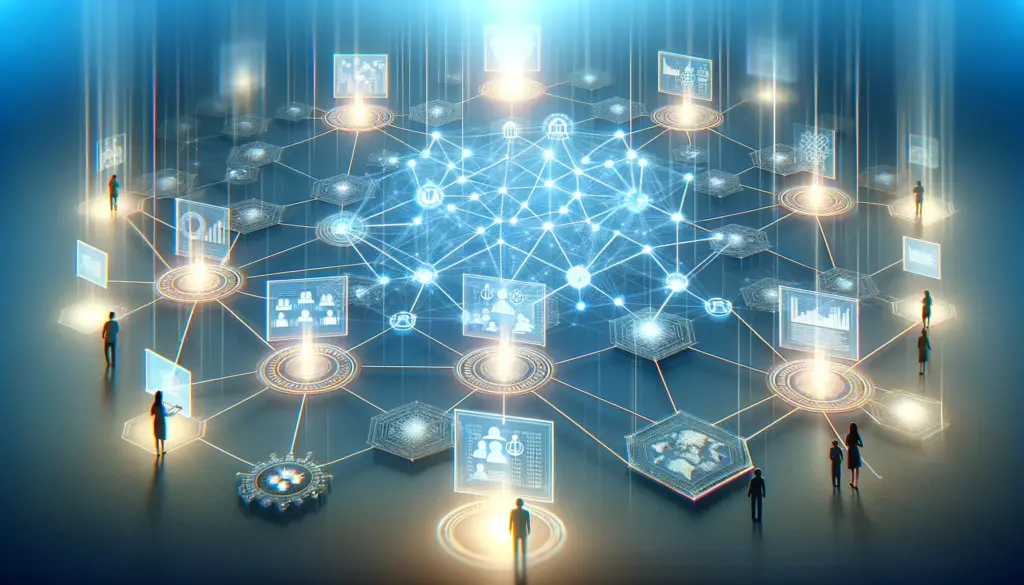 blockchain network with nodes as glowing points connected by light beams, and virtual people examining transparent data screens, illustrating user empowerment and data transparency in Web3 Marketing.