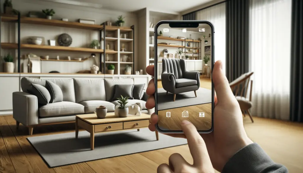 Consumer using augmented reality on a smartphone to visualize a virtual armchair in a modern living room, alongside real furniture.