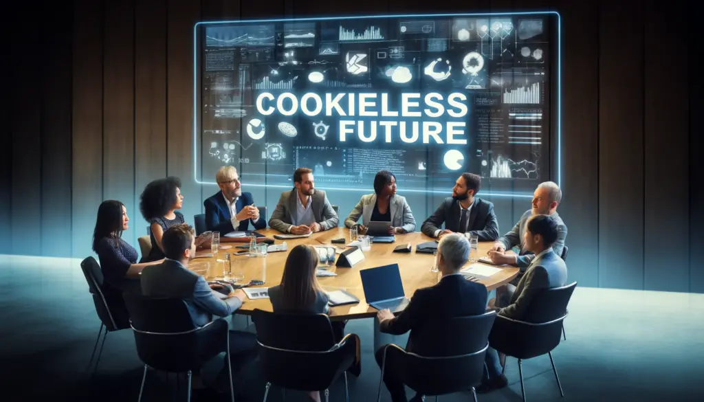 Diverse group of professionals in a digital marketing strategy meeting discussing first-party data and privacy solutions, surrounded by digital screens.