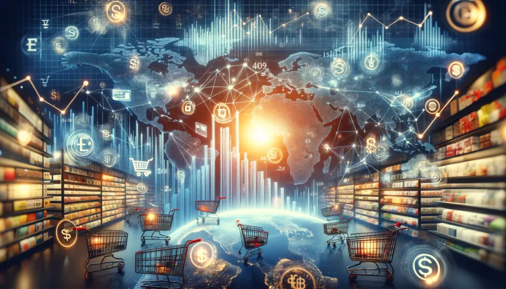 Digital marketplace highlighting the global expansion of e-commerce with comparison sales graphs of Dropshipping vs Amazon FBA