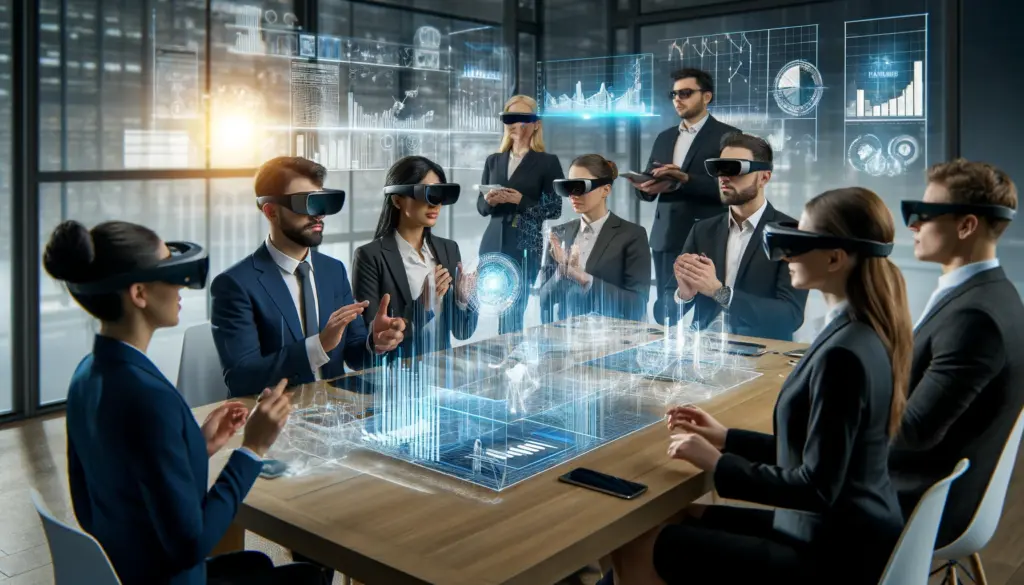 Professionals in a mixed reality meeting using AR glasses to interact with 3D holographic data visualizations of financial stats in a sunlit modern office.