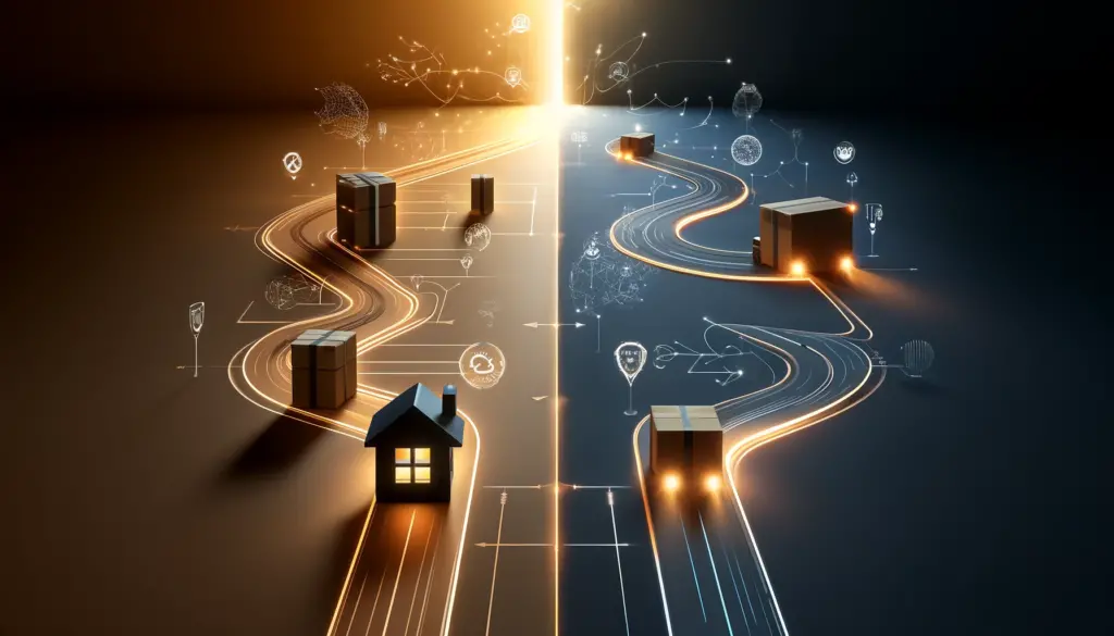 image showing the product flow from supplier to customer in dropshipping vs Amazon FBA models, including steps through online stores and fulfillment centers.