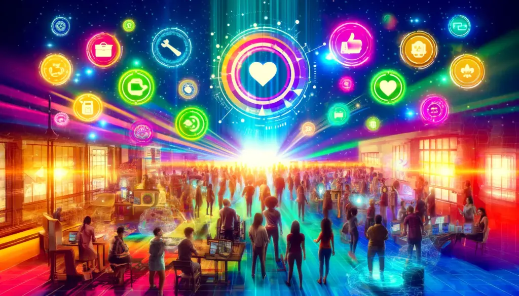 diverse individuals interacting through augmented reality interfaces, exchanging colorful digital tokens representing loyalty points, set in a vibrant, futuristic environment.