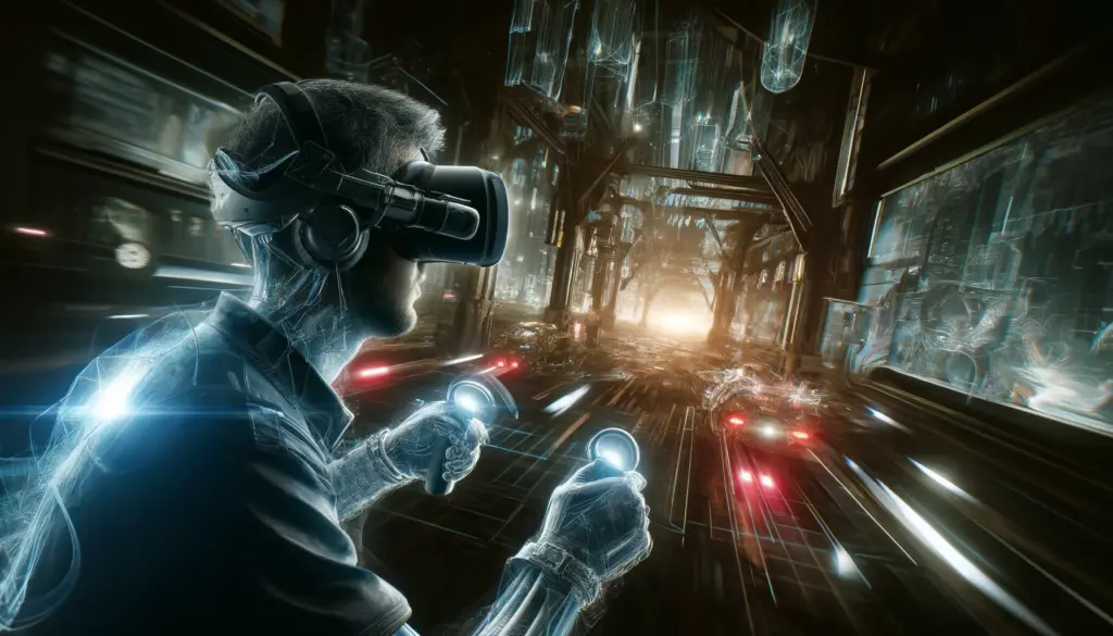 Player engaged in a VR gaming chase scene in a futuristic cityscape, highlighting dynamic movements and the immersive virtual environment.