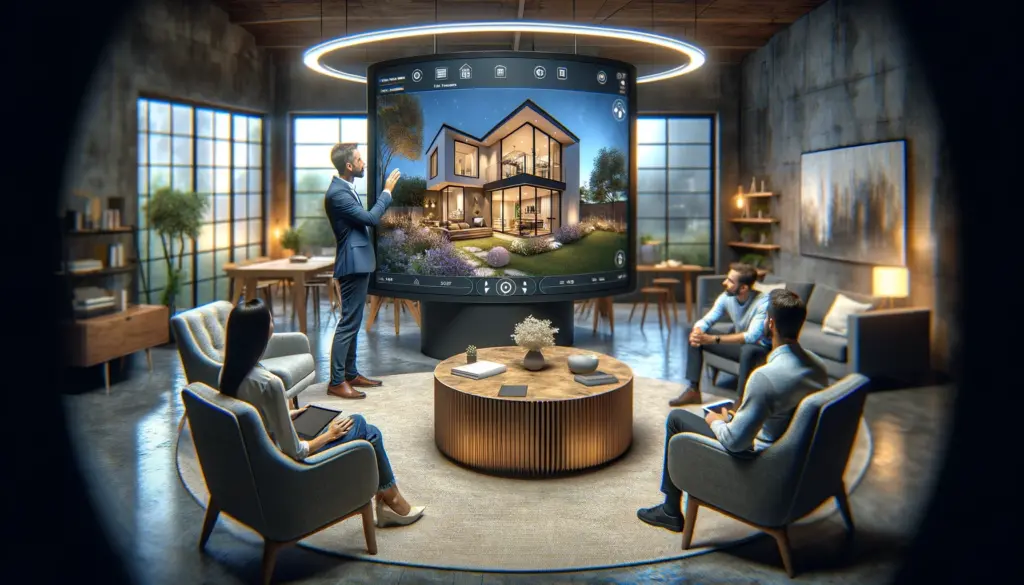 A real estate agent presents an immersive virtual property tour to clients, highlighting AI's role in enhancing client satisfaction.