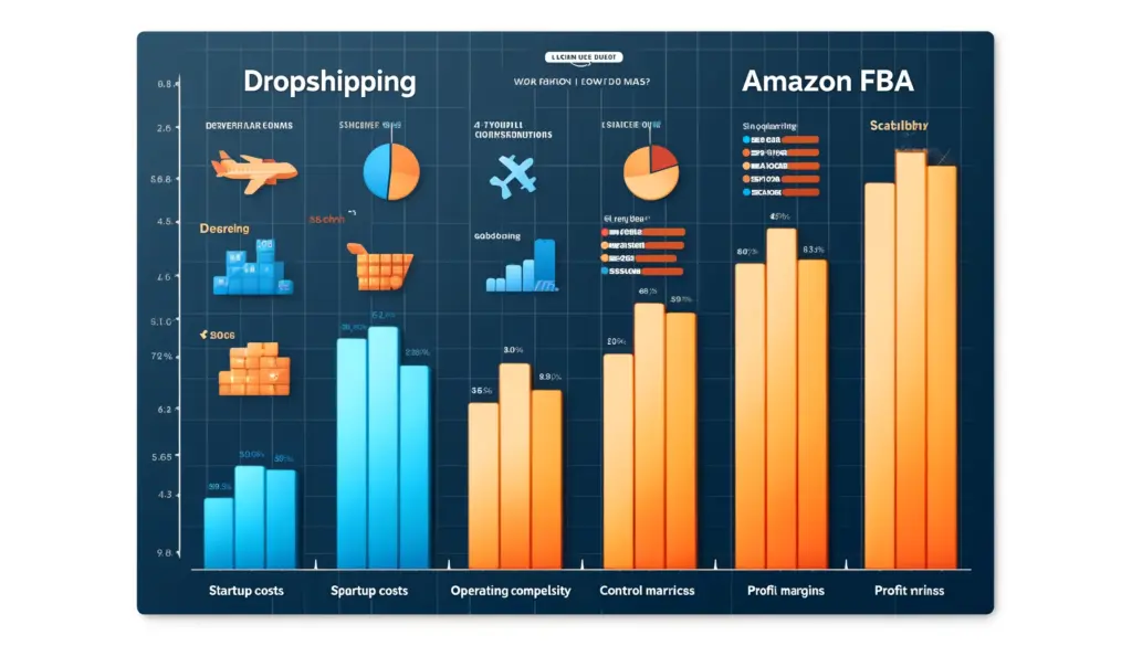 bar chart comparing Dropshipping and Amazon FBA across five key criteria