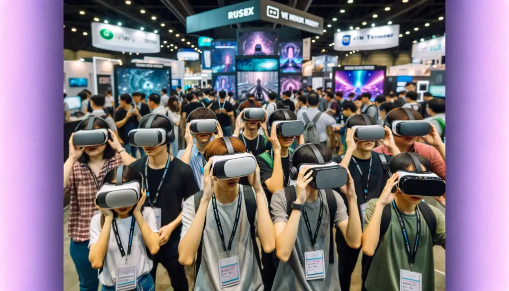 Diverse group of people at a tech expo, experiencing virtual reality with VR headsets amidst a vibrant display of technology booths.