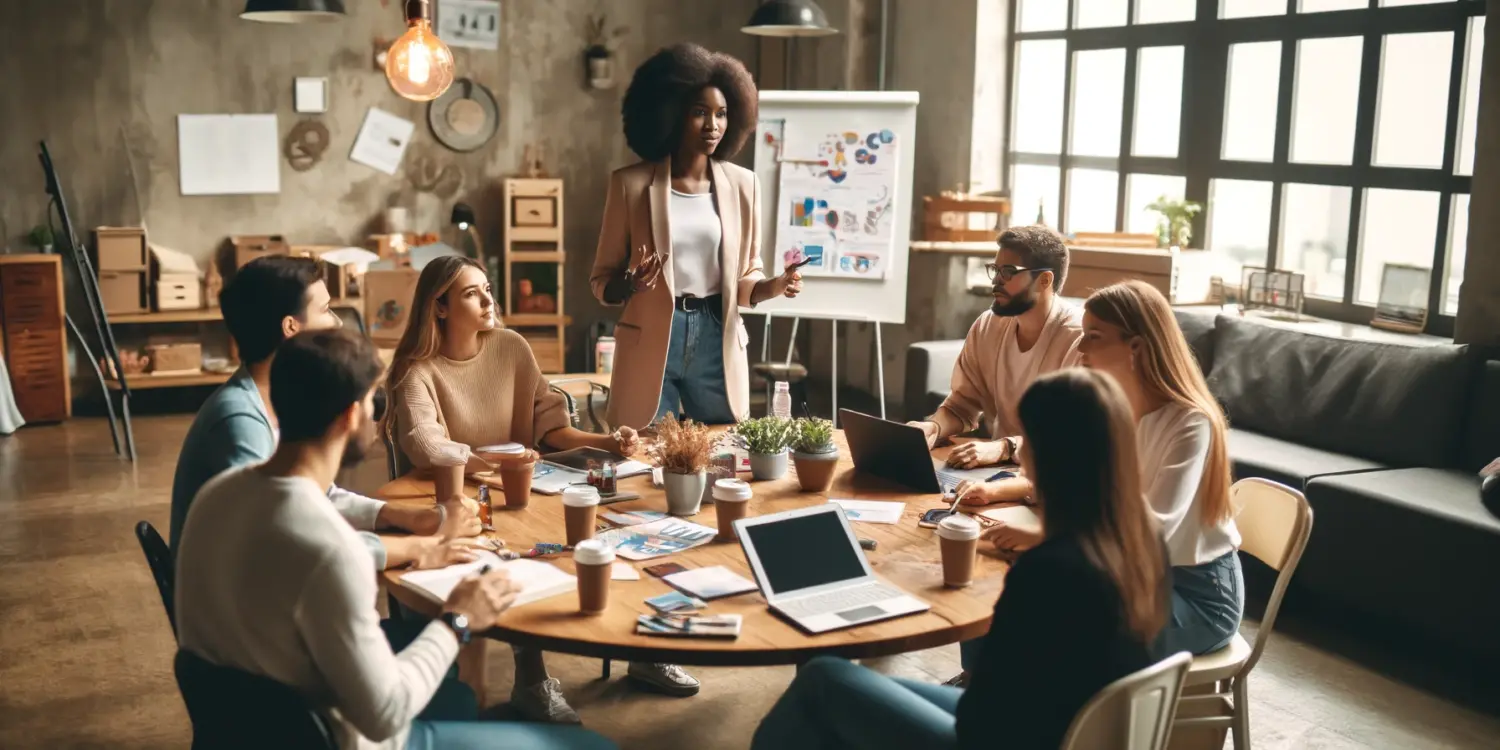 Female brand ambassador of African descent leading a creative workshop with diverse participants, surrounded by marketing materials and laptops