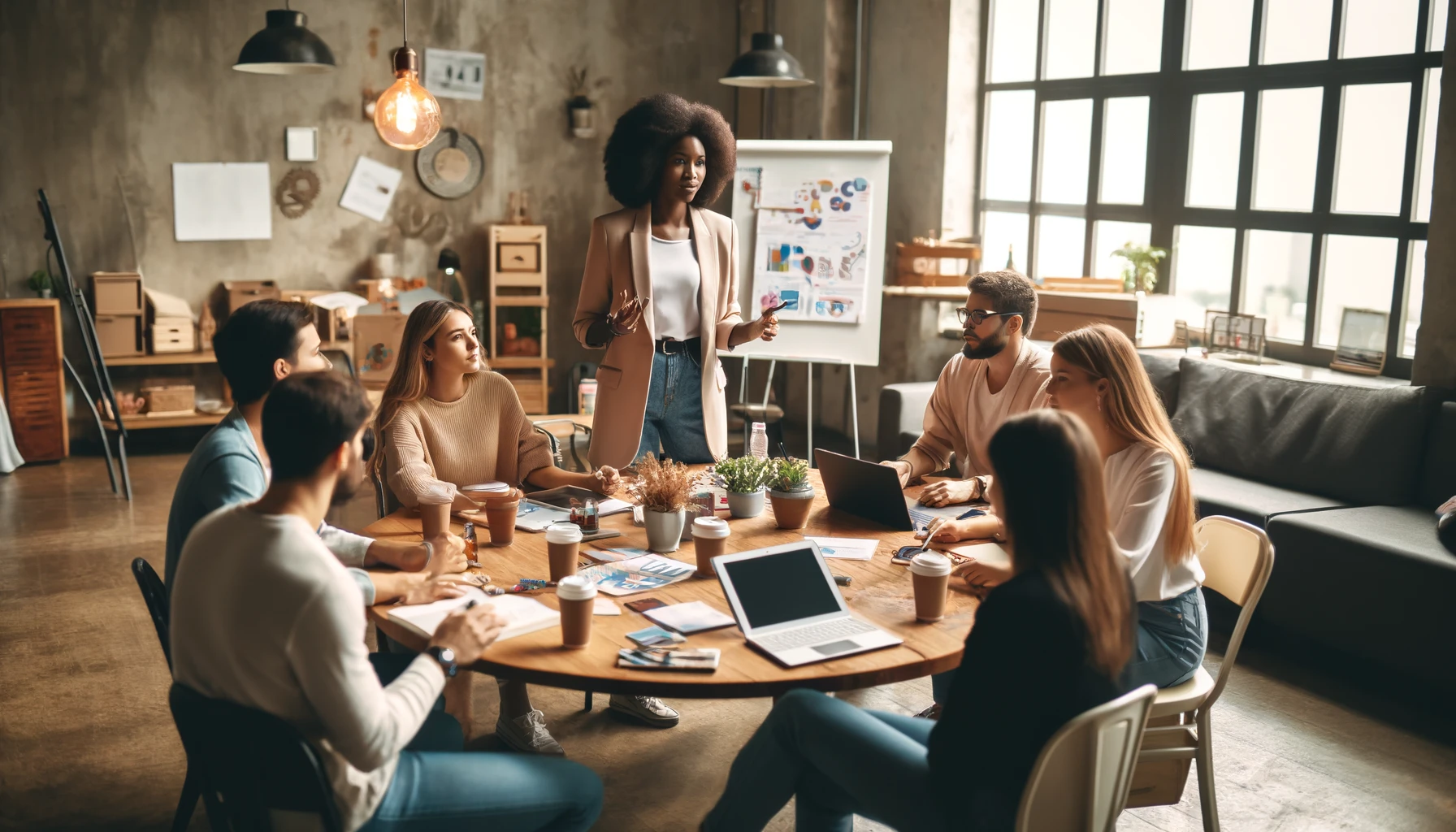 Female brand ambassador of African descent leading a creative workshop with diverse participants, surrounded by marketing materials and laptops