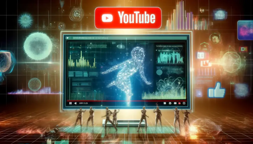 computer screen with AI visualizations overlaying a YouTube interface, surrounded by popular YouTube trends like dance challenges and viral memes.