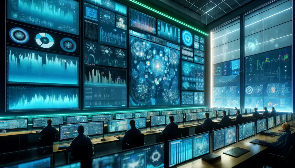 High-tech AI control room with operators monitoring complex AI systems on large screens displaying analytics and data.