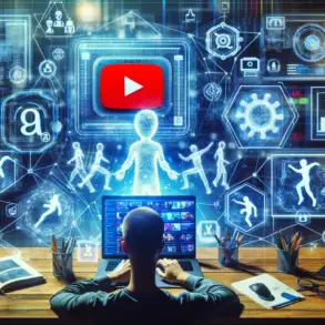 Person using a laptop with YouTube on the screen, surrounded by holographic AI-driven trend predictions and icons representing popular YouTube trends like dance challenges and gaming streams.