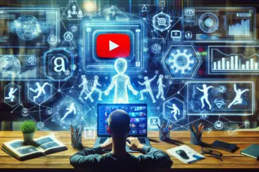 Person using a laptop with YouTube on the screen, surrounded by holographic AI-driven trend predictions and icons representing popular YouTube trends like dance challenges and gaming streams.