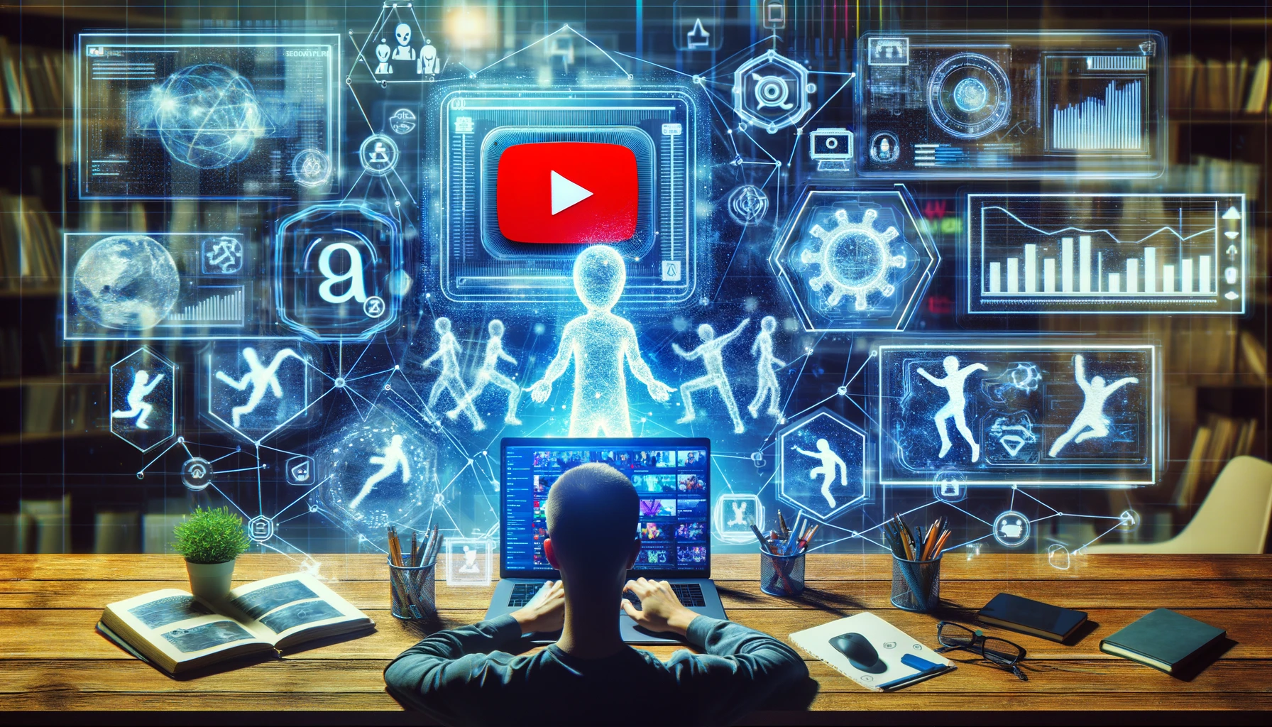 Person using a laptop with YouTube on the screen, surrounded by holographic AI-driven trend predictions and icons representing popular YouTube trends like dance challenges and gaming streams.