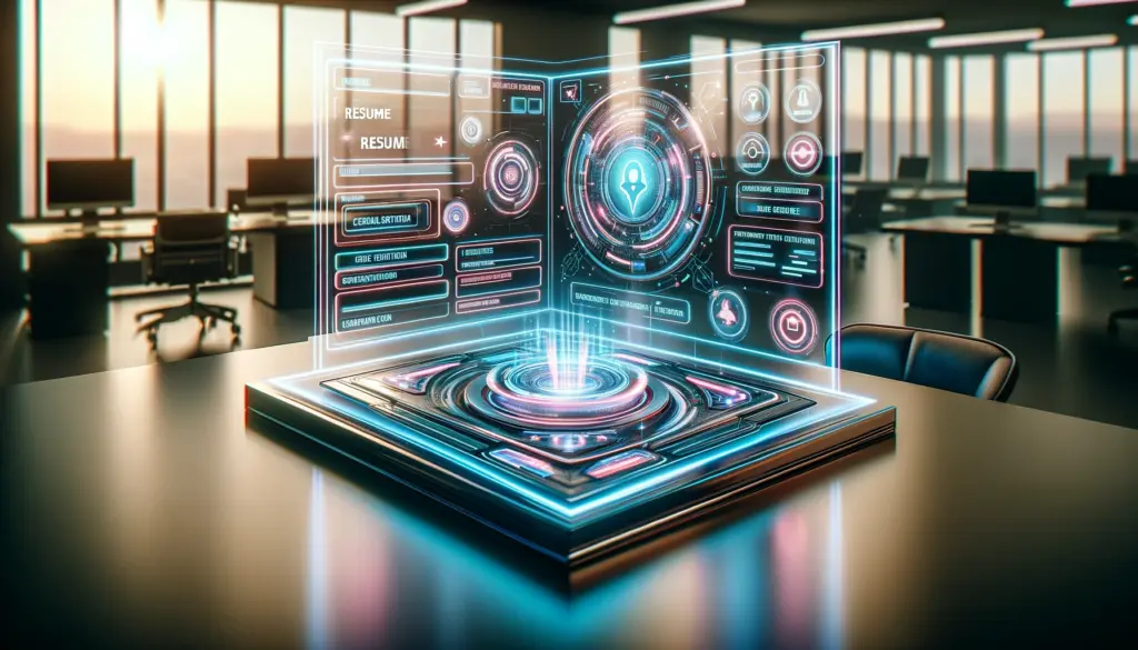 AI software interface for resume building, featuring a holographic display with resume optimization tools on a modern desk, emphasizing technology in career advancement.