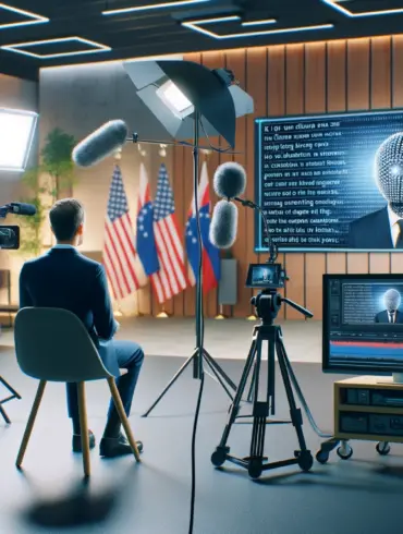 A politician recording a video in a studio with AI tools assisting in script writing and editing. The scene includes a camera setup, lighting equipment, and a computer screen displaying AI software generating the script. The modern studio environment showcases the integration of AI in enhancing political video production.